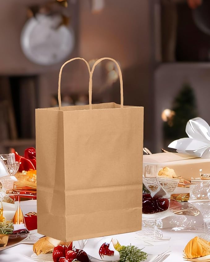 qiqee 100-Packs Brown Paper Gift Bags with Handles Bulk 7.6"x4.75"x10.5" Medium Size Gift Bags Multiple Uses