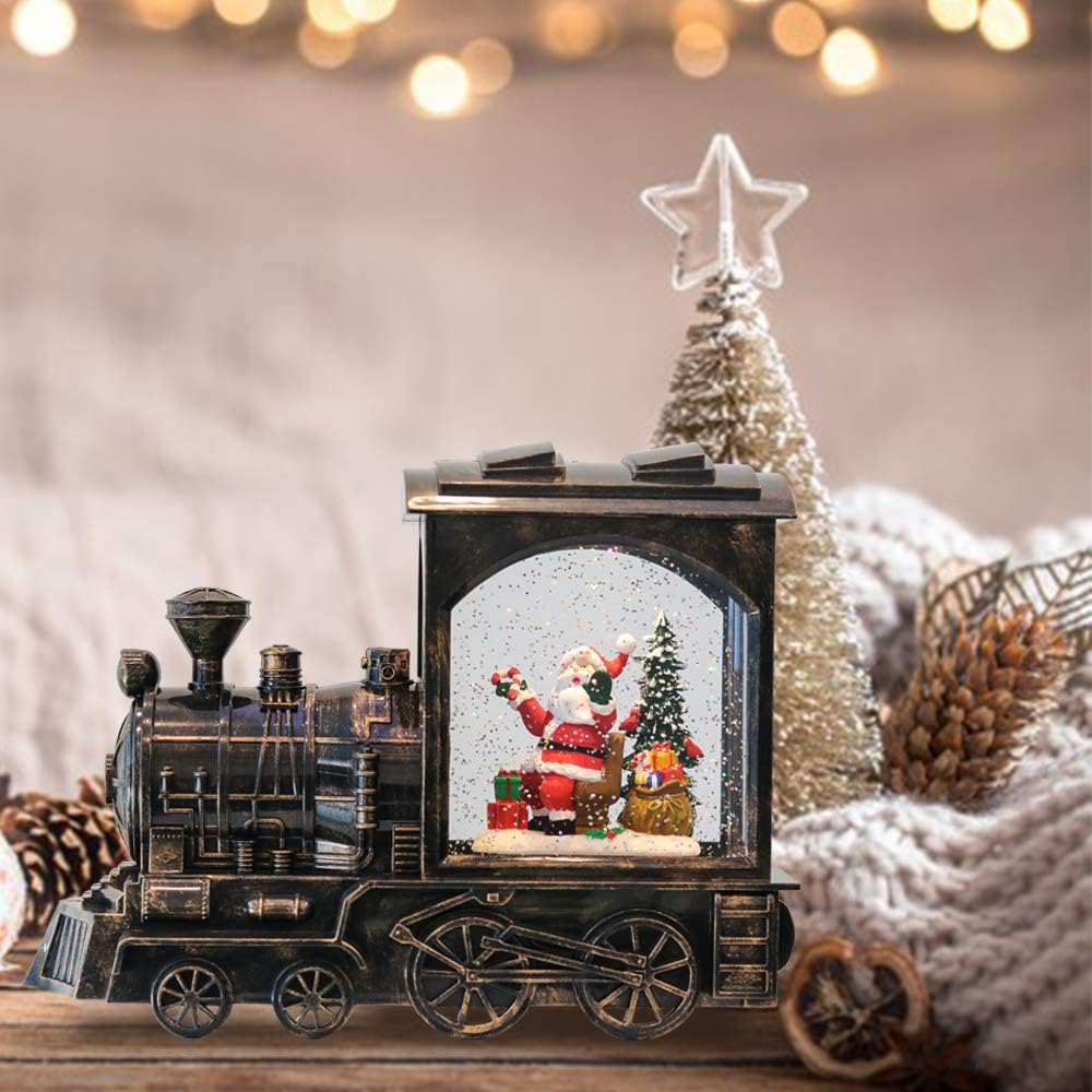 Christmas Musical Snow Globe Lantern Battery Operated with 6 Hour Timer, Santa Lighted Snow Globe Train Spinning Water Swirling Glitter Christmas Decoration Gifts(10.6 x 4.3 x 8.3 Inches)