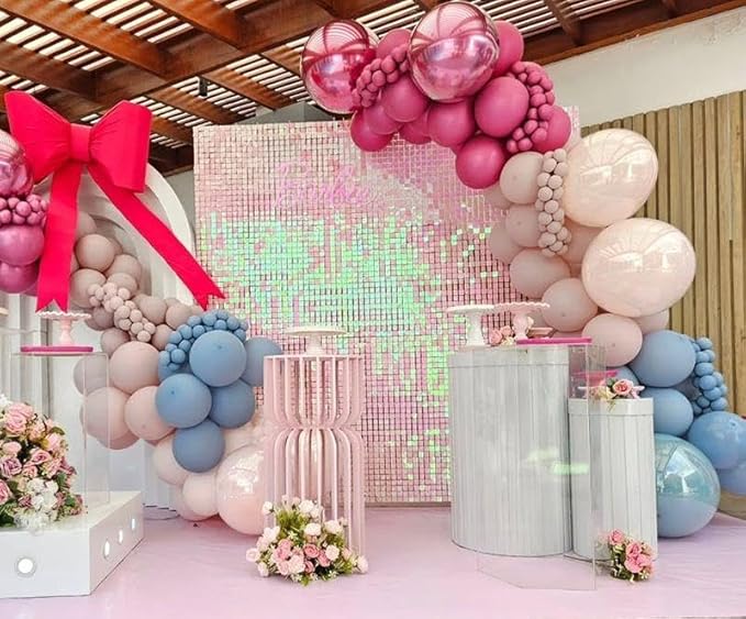 Qcity Iridescent Pink Shimmer Wall Backdrop 36PCS, Black Back Not See-Through Design, Square Sequin Glitter Backdrop Panel, Perfect for Outdoor Events, Birthdays, Wedding and Party Decoration