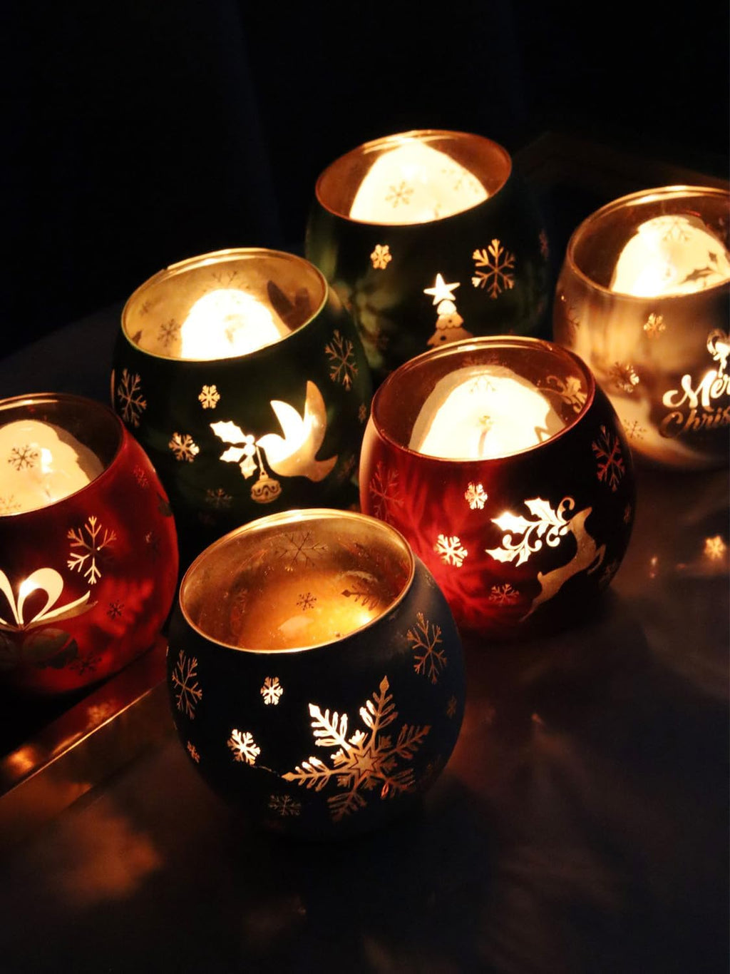 Christmas Votive Candle Holder Set of 6, Red Green White Glass Tealight Holder with 6 Laser Engraving Patterns for Winter Xmas Table Centerpiece Decor