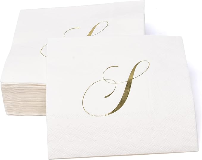 Gift Boutique 100 Gold Monogram Cocktail Napkins Letter S Disposable Paper Pack Elegant Metallic Golden Foil Hand Napkin for Powder Room Wedding Holiday Birthday Party Baby Shower Decorative Towels