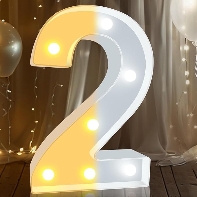 Pooqla LED Light Up Numbers, Warm White and Cool White Decorative Lighted Marquee Numbers, Light Up Numbers for Boys Girls Party, Wedding, Bar, Night Light, Room Decor, Birthday Decoration, Number 2