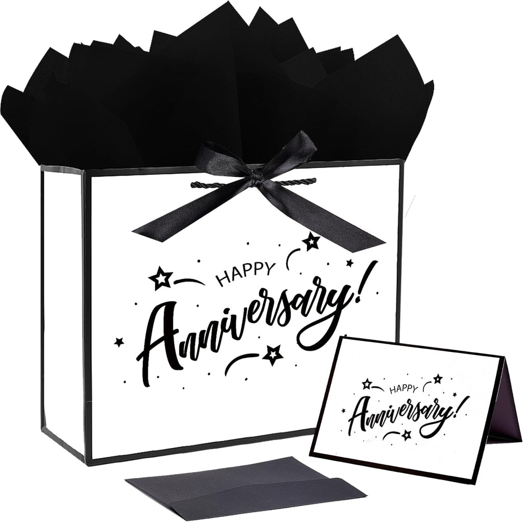 JWSCYSY 15.7" White and Metallic Black Happy Anniversary Bag with Card, Gift Bag with Ribbon and Tissue Paper, Gift ideas for Anniversary Party, Wedding Party Supplies.