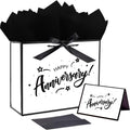 JWSCYSY 15.7" White and Metallic Black Happy Anniversary Bag with Card, Gift Bag with Ribbon and Tissue Paper, Gift ideas for Anniversary Party, Wedding Party Supplies.