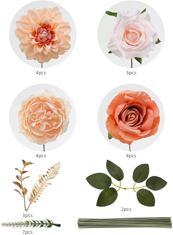 Artificial Flowers Combo, Mix Silk Flowers Roses, Peonies, Dahlias with Stems for DIY Wedding Bridal Bouquets, Baby Shower, Table Centerpieces, Home Decor, Fake Floral Arrangements-Champagne