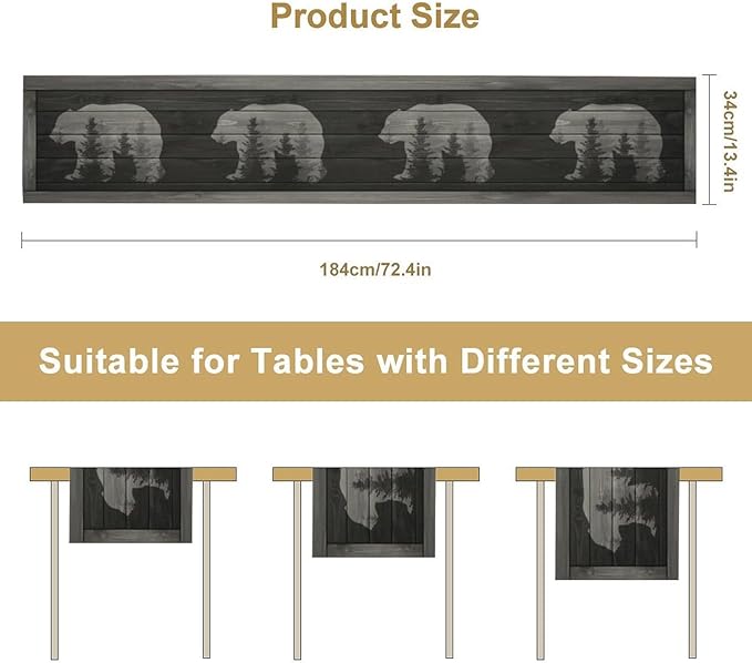 Rustic Country Bear Table Runner, Black Wood Wooden Cabin Wild Animals Hunting Table Cloth for Home Kitchen Dining Table Runner 13x36 Inch