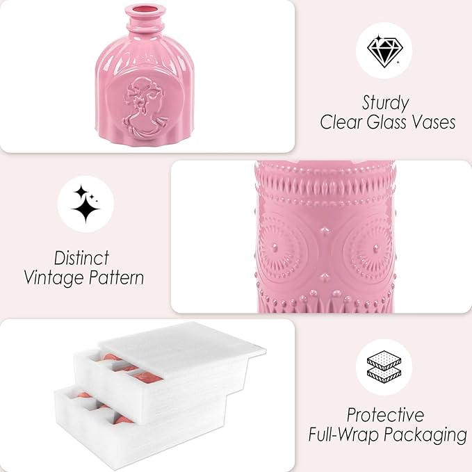 Baby Pink Glass Bud Vases Set of 12, Mini Flower Vase for Centerpieces, Small Vases in Bulk for Wedding Decoration, Vintage Vase for Baby Shower Centerpieces, Home Décor