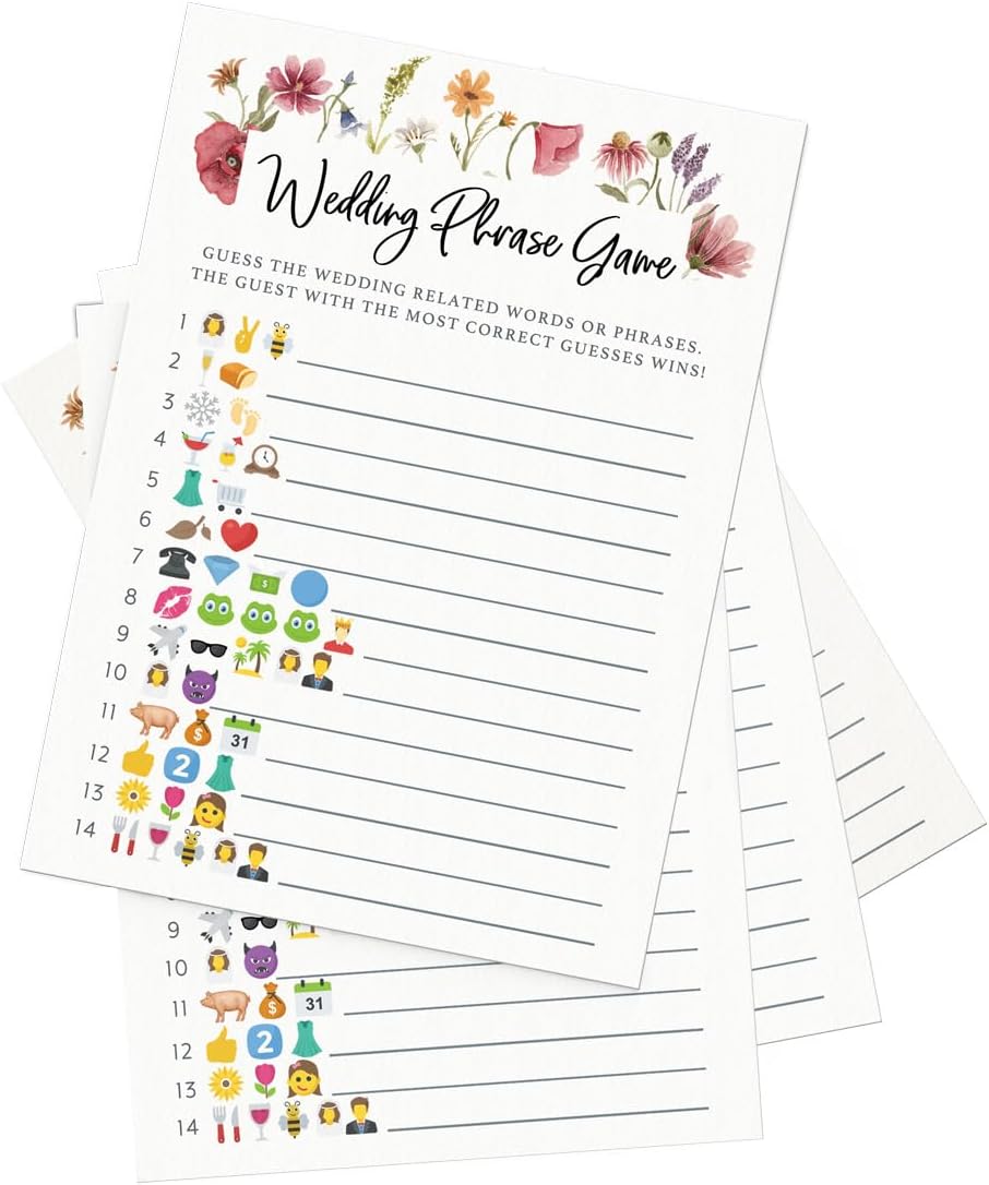 Printed Party Bridal Shower Game Set – 4 Fun Games and Activities for 30 Guests, Includes Bingo, He Said She Said, Bride & Groom Trivia, and Wedding Phrase Guessing Game, Love In Bloom Wildflower Design