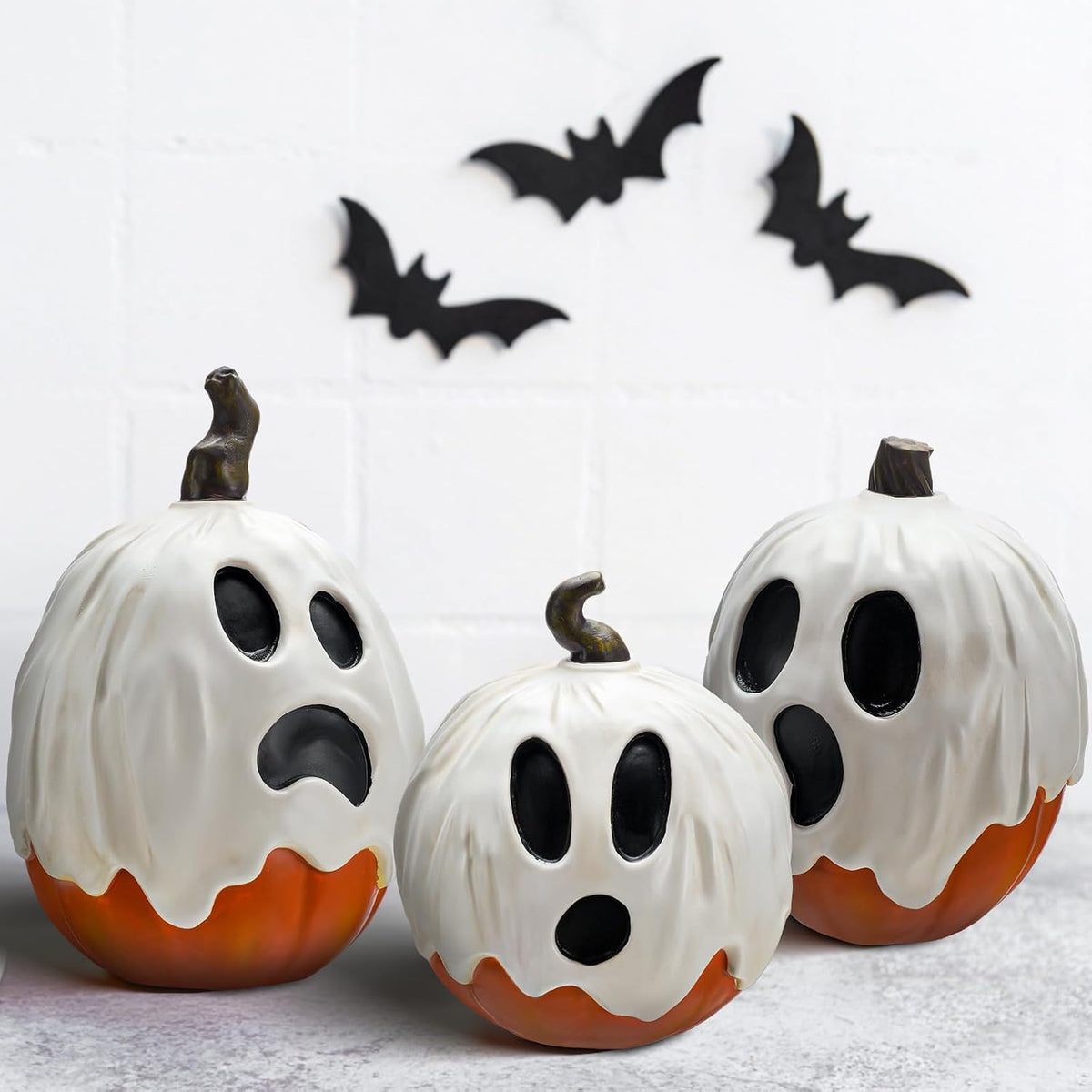 Halloscume 3 Pcs Halloween Ghost Pumpkins Figurines Resin Pumpkins Decor