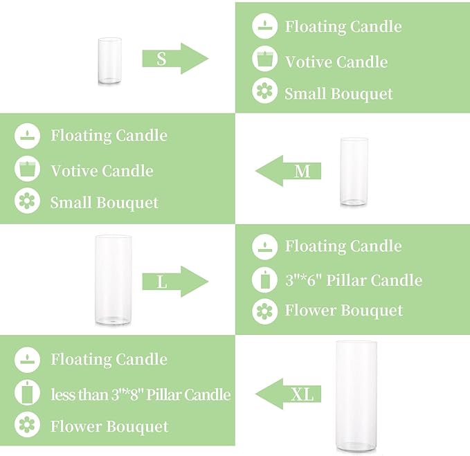 Glasseam Clear Cylinder Vases for Centerpieces, Glass Cylinder Vase Set of 6, Hurricane Vase for Flowers, Glass Cylinder Candle Holder for Pillar Candles, Floating Candle Vases for Wedding Decorations