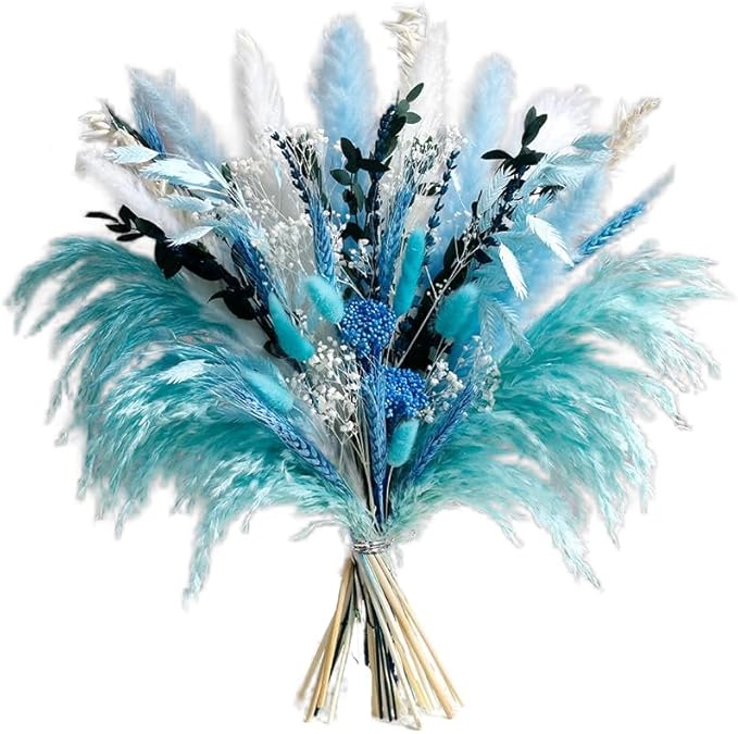 Blue Dried Flowers Bouquet with Pampas Grass - Boho Home Decor and DIY Floral Arrangements for Bedroom, Office, and Wedding Centerpieces