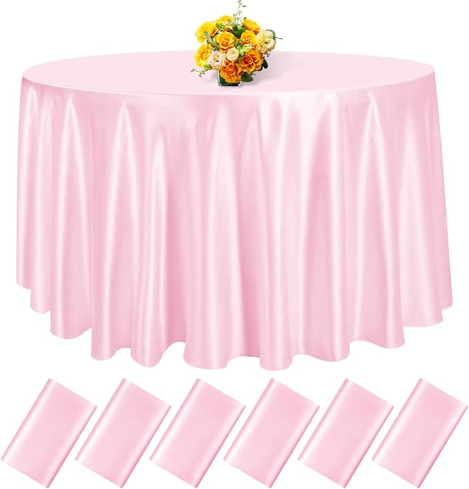 fani 6 Pack 120 Inch Light Pink Satin Tablecloth - Silky Round Tablecloth Overlay Smooth Fabric Table Cover, Bright Table Decoration for Wedding Party Banquet Events Restaurant Kitchen Dining