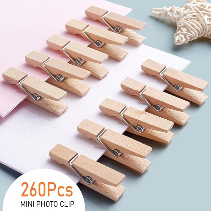 Mini Clothes Pins, 260 PCS Small Wooden Clothes Pin with Jute Twine, Clothespins, Clothes Pins for Photos Crafts DIY Project