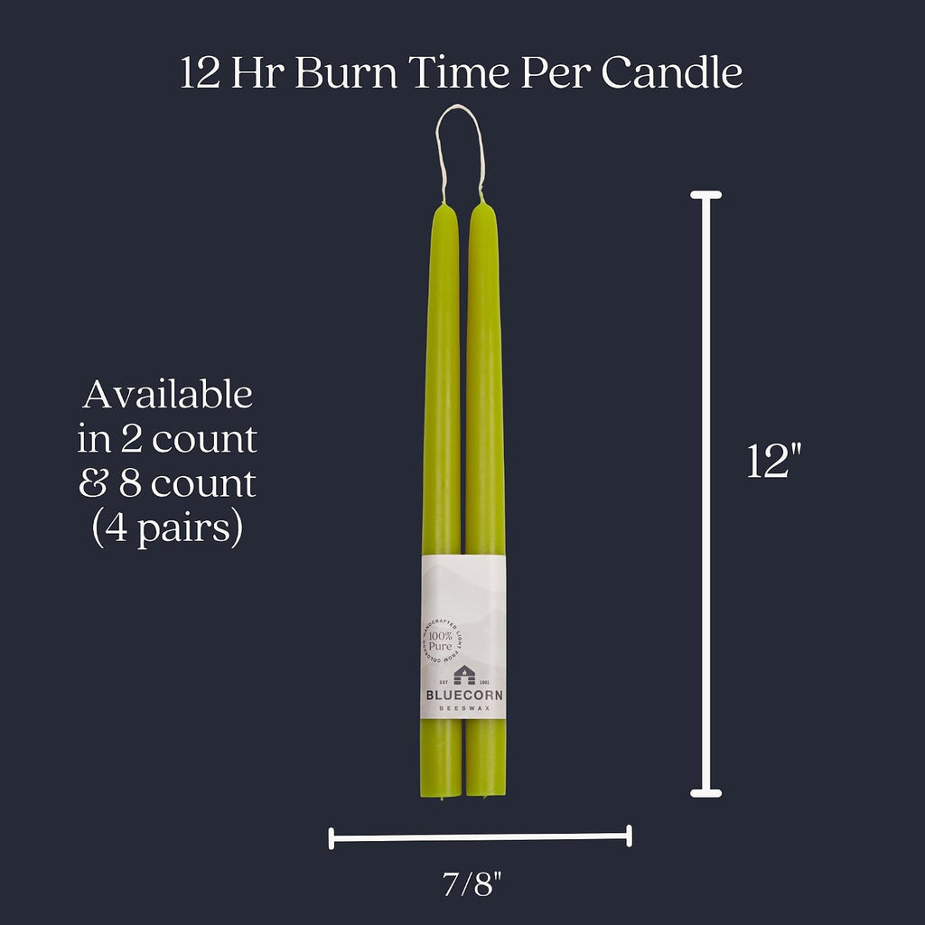 Bluecorn Beeswax Taper Candles, 100% Pure Natural Bees Wax, Pair of 12 Inch Sage Green Tapered Candlesticks, Clean Burning & Dripless, Fragrance Free, Long Lasting, Home Decor, American Made, 1 Count