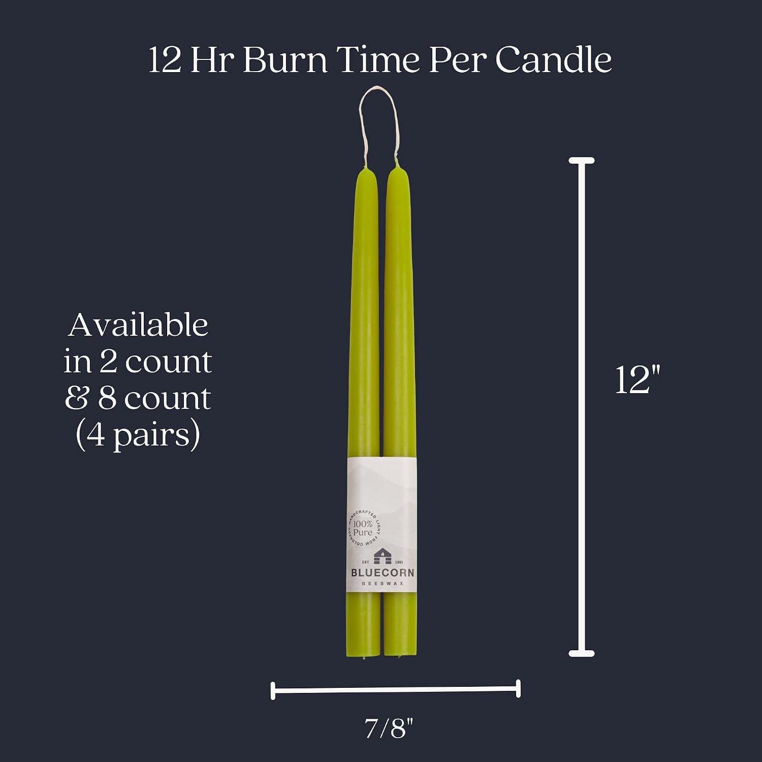 Bluecorn Beeswax Taper Candles, 100% Pure Natural Bees Wax, Pair of 12 Inch Sage Green Tapered Candlesticks, Clean Burning & Dripless, Fragrance Free, Long Lasting, Home Decor, American Made, 1 Count