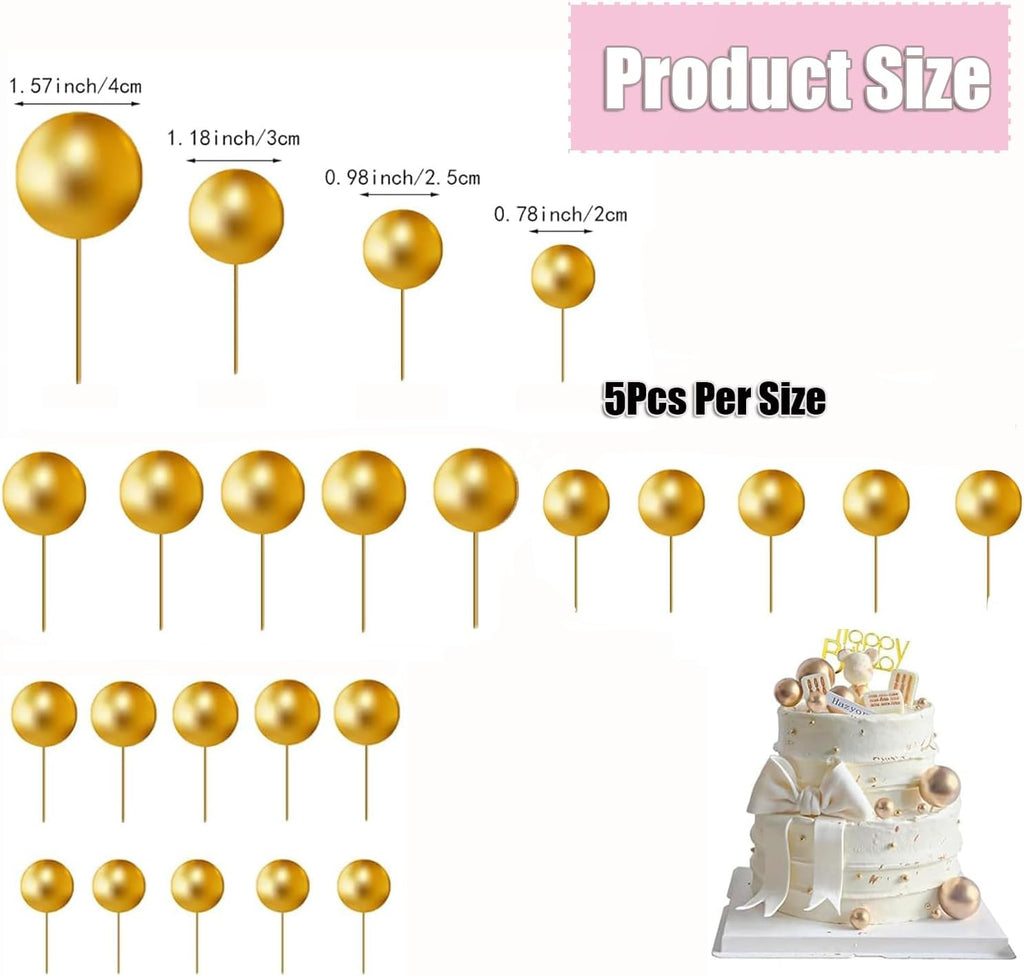Round Ball Cake Toppers Cupcake Toppers Cake Decorations Bakeware Decoration Mini Balloon Cake Insert for Anniversary Birthday Party Wedding Decoration Gold Pack of 20