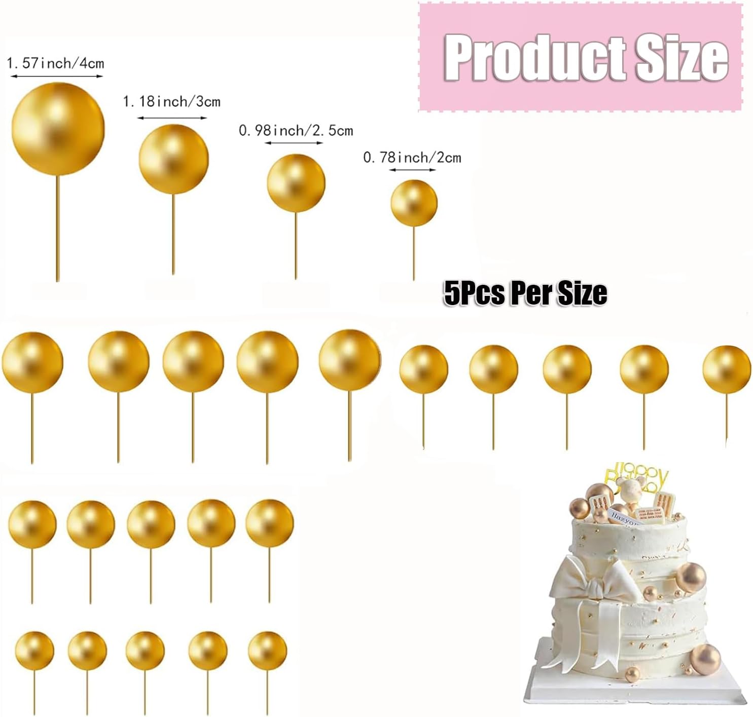 Round Ball Cake Toppers Cupcake Toppers Cake Decorations Bakeware Decoration Mini Balloon Cake Insert for Anniversary Birthday Party Wedding Decoration Gold Pack of 20