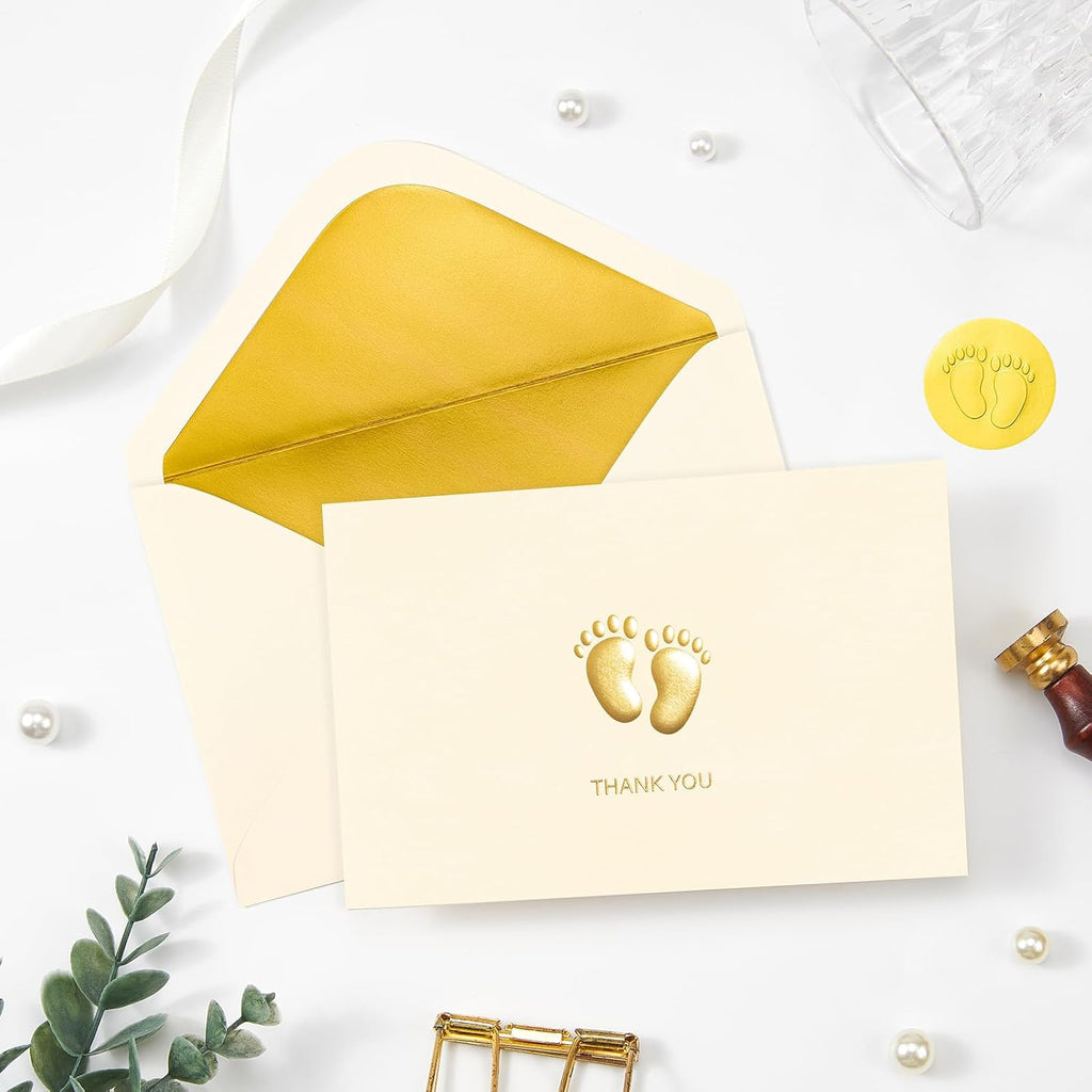 Crisky Embossed Footprint Baby Shower Thank You Cards 50-Pack 4x6 Inch - Heavy 300gsm Cardstock with Gold Foil Envelopes & Stickers for Baby Shower/Birthday