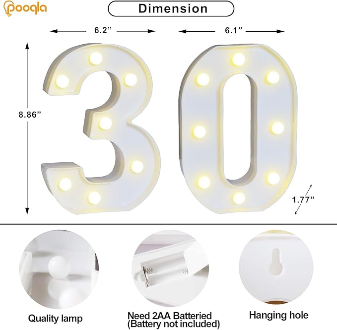 Pooqla 30th Birthday Decoration for Her Him, Decorative LED Light Up Numbers, Marquee Numbers 30 Sign for Party Backdrop 30th Wedding Anniversary Decor, Warm White and Cool White Number 30