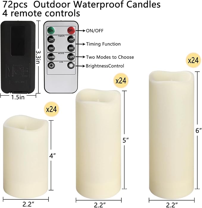 pliadvbu Flameless LED Candles 72 Pack, Outdoor Realistic Waterproof Votive Candles with 4 Remote Control and Timer for Halloween Wedding Festival Decor, (H 4" 5" 6" x D 2.2")