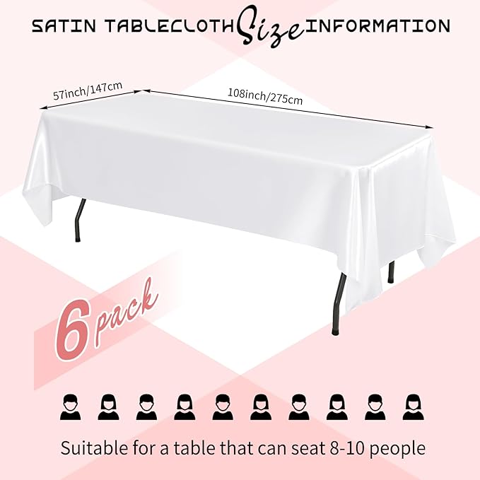 6 Packs Satin Tablecloth 57 x 108 Inch White Rectangular Table Cloth Silk Tablecloth Smooth Fabric Overlay Satin Table Cover Decoration for Wedding Party Banquet Events