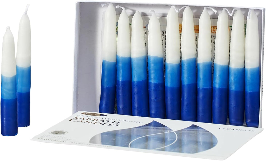 Rite Lite White & Blue Tricolor Shabbat Candles Premium 12 Pack Traditional Sabbath Dinner Table Jewish Home Decor Shabbos Candles Judaica Centerpiece Beautiful Gift Box & Hebrew English Blessing Card