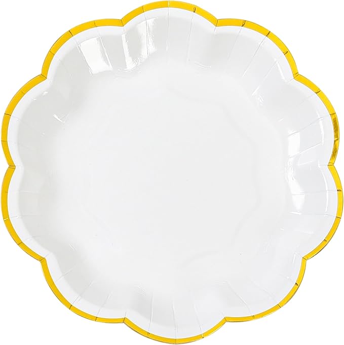 White Golden Party Plates Gold Foil Dessert Paper Plate 7inch Scalloped Edge Disposable Cake Plates for Tea Party Birthday Bridal Baby Shower Wedding Party Supplies (48, White)