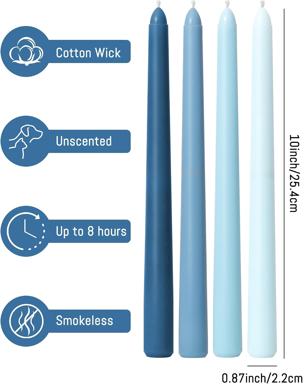 Viyffo 10 Inch Taper Candles, 12 Pack Blue-Unscented, Dripless Design– Long Tall Tapered Candlesticks for Wedding, Dinner, Holiday, Party, Home Decor Natural Color Series