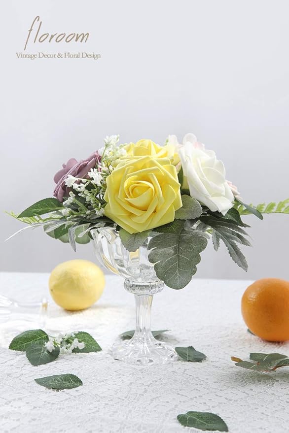 Floroom Artificial Flowers 25pcs Real Looking Canary Yellow Foam Fake Roses with Stems for DIY Wedding Bouquets Baby Shower Centerpieces Floral Arrangements Party Tables Home Decorations