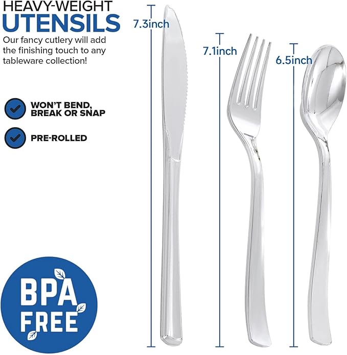 200Guests Pre Rolled Silver Plastic Silverware Sets - Heavy Duty Silver Cutlery - Include 200 Pack Wrapped Disposable Utensils with Napkins for Parties & Dinners & Weddings