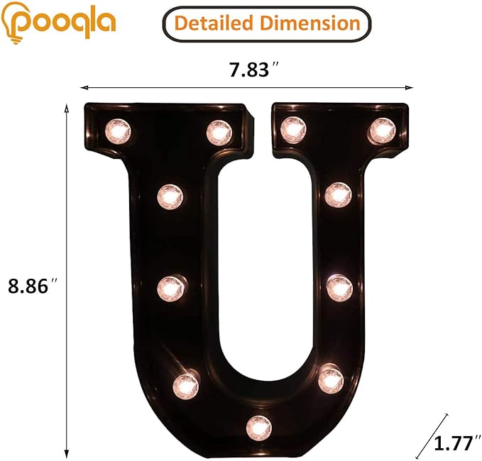 Decorative LED Illuminated Letter Marquee Sign - Alphabet Marquee Letters with Lights For Wedding Birthday Party Christmas Night Light Lamp Home Bar Decoration U, Black