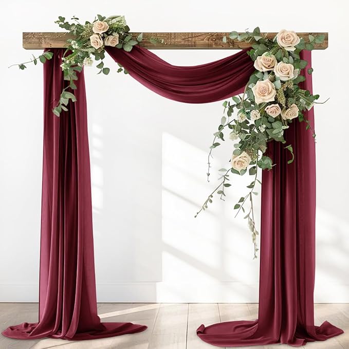 Burgundy Red Fall Thankgiving Elegant Arch Draping Fabric 2 Panels Outdoor 29" × 20Ft Sheer Chiffon Curtain Drapes for Wedding Ceremony Birthday Party Garden Brunch