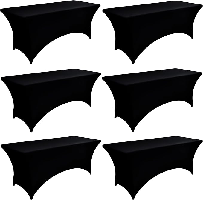 6-Pack 8ft Black Spandex Table Covers for Rectangle Folding Tables - Washable Elastic Tablecloth - Ultimate Fitted Table Protector for Birthday Parties, Trade Shows, Banquet