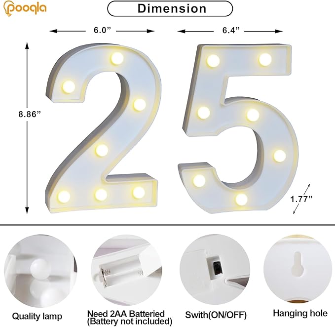 Pooqla 25th Birthday Decorations for Her Him, Light Up Number 25 for Party Table Decorations, 25th Birthday Gift for Women Men, Backdrop Wall Decor for 25th Wedding Anniversary Decoration