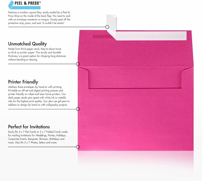 LUXPaper A7 Invitation Envelopes | Peel & Press | 5 1/4" x 7 1/4" | Azalea Metallic | 80lb. Text | 250 Qty