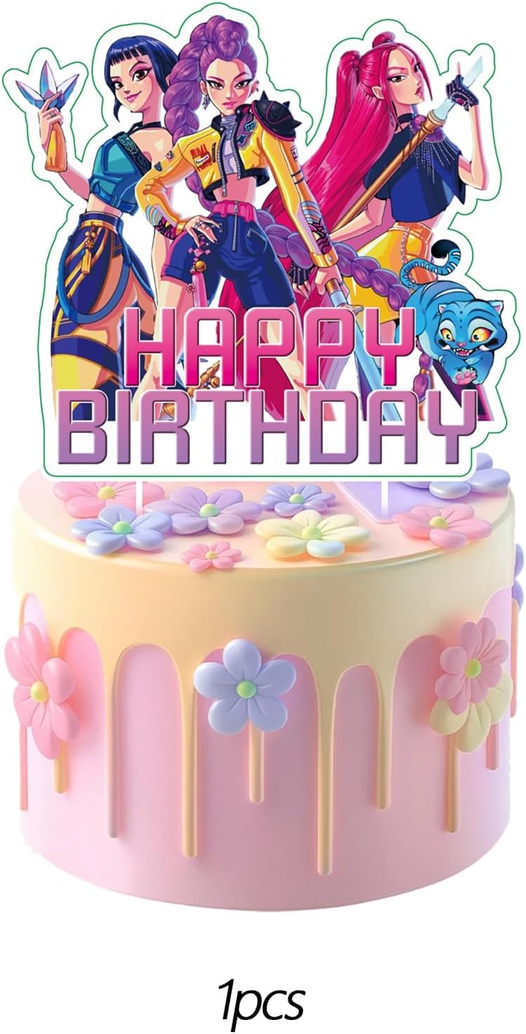 25Pcs Demon Movie Hunters Cake Decorations with 24pcs Cupcake Toppers, 1pcs Happy Birthday Cake Topper, Cartoon Themed Party Supplies, Perfect for Birthday Party Decorations