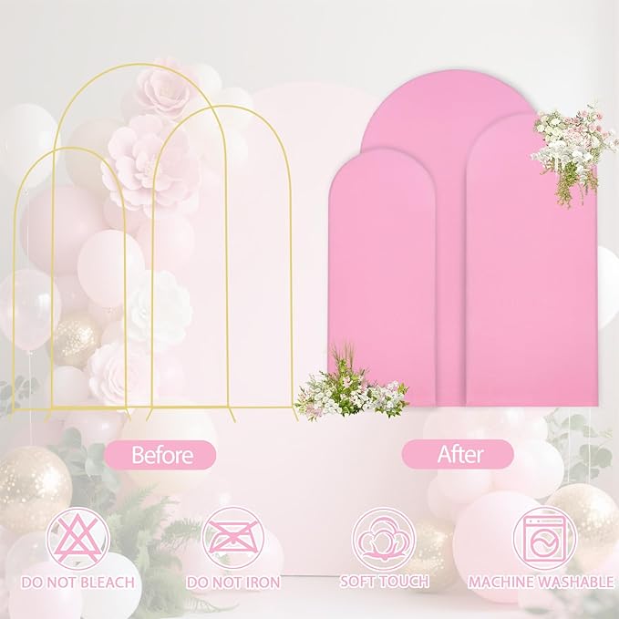WEERRW Wedding Arch Cover Pink Spandex Fitted Set of 3 Balloon Arch Stand Covers Round Top Chiara Stretchy Backdrop for Birthday Party Baby Shower Banquet Decoration (6FT, 6.6FT, 7.2FT)