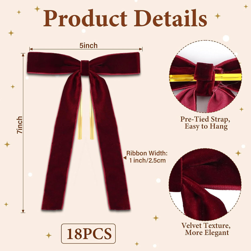 18 Pcs Burgundy Velvet Bows for Christmas Tree – Burgundy Velvet Christmas Tree Bows, Holiday Decorations for Garland Wreath Bow (5 * 7", 1" Wide)