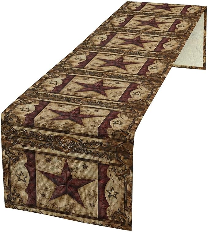 Wild West Table Runner, Rustic Farmhouse Texas Star Vintage Rodeo Cowboy Old Sign Wild West Print Pattern for Home Kitchen Table Decor Dining Coffee Room Garden Party Decor 13x72in