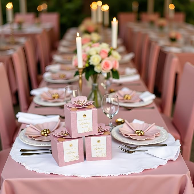 FEIYI 20 PCS Favor Boxes, 3 In 1 Dusty Rose Candy Boxes with Floral Decor, White Thank You Tags Gold Foil Print Gift wrapping for Wedding, Baby Shower, Birthday, Decorations Party - 2.55x2.55x2.55