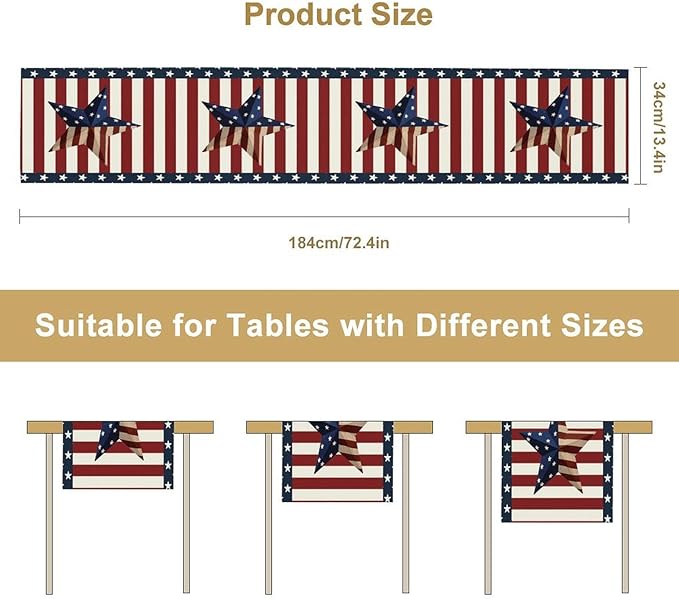 4th of July Table Runner, Patriotic Independence Day American Stars Stripes Flag Print Table Runner for Farmhouse Kitchen Dining Holiday Birthday Party, 13x70inch