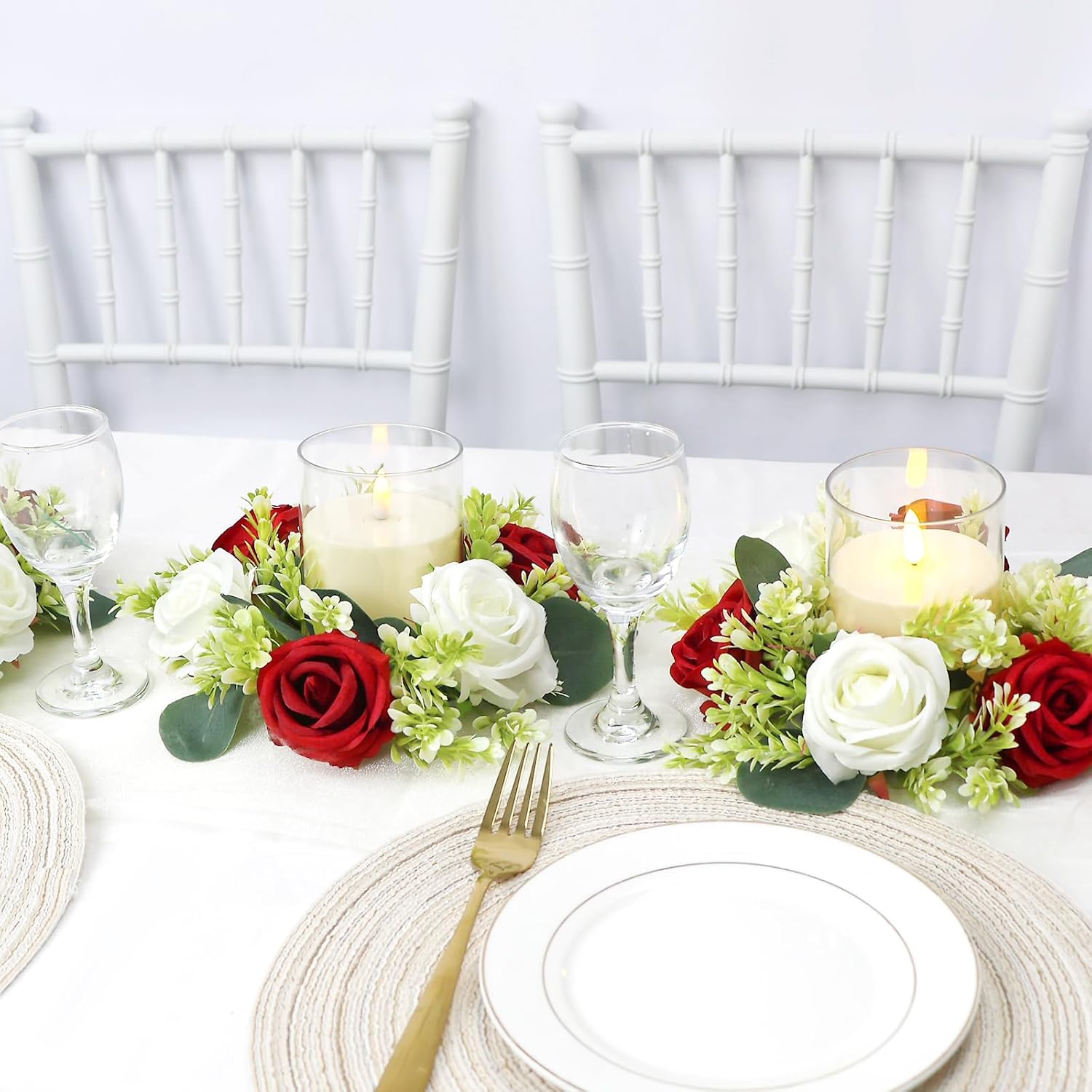 Crimson Rose Candle Rings with Flameless Candles Sets - 12PCS Artificial Flower Eucalyptus Wedding Centerpiece 3 Inch Pillar Candleholders Wreaths for Wedding Party Decor (Crimson - 6 Sets)