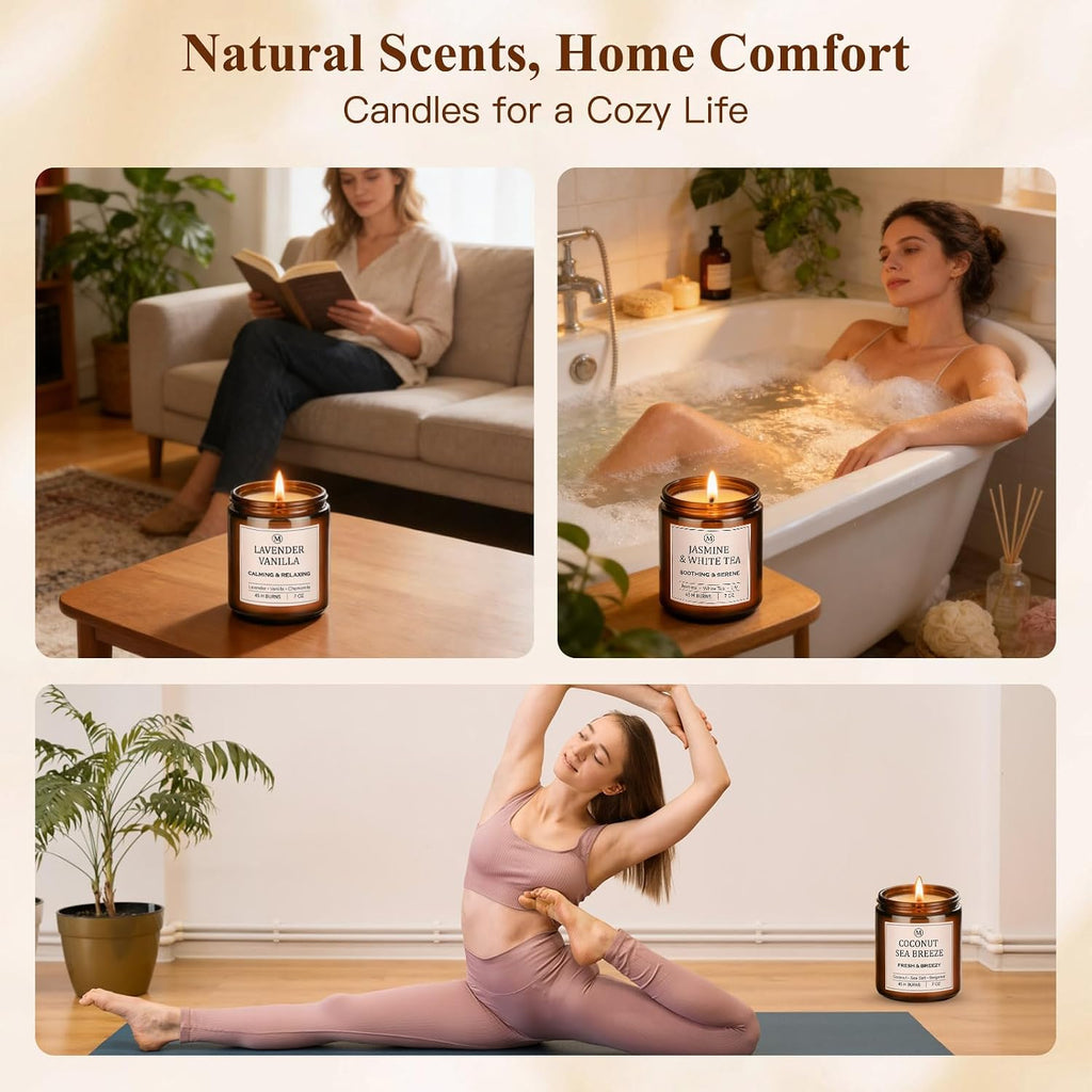 6-Pack Scented Soy Candle Set – Lavender Vanilla, Eucalyptus, Sandalwood, Jasmine & White Tea, Coconut, Sage | Natural Long Lasting Aromatherapy Candles for Home, Relaxation & Birthday Gifts