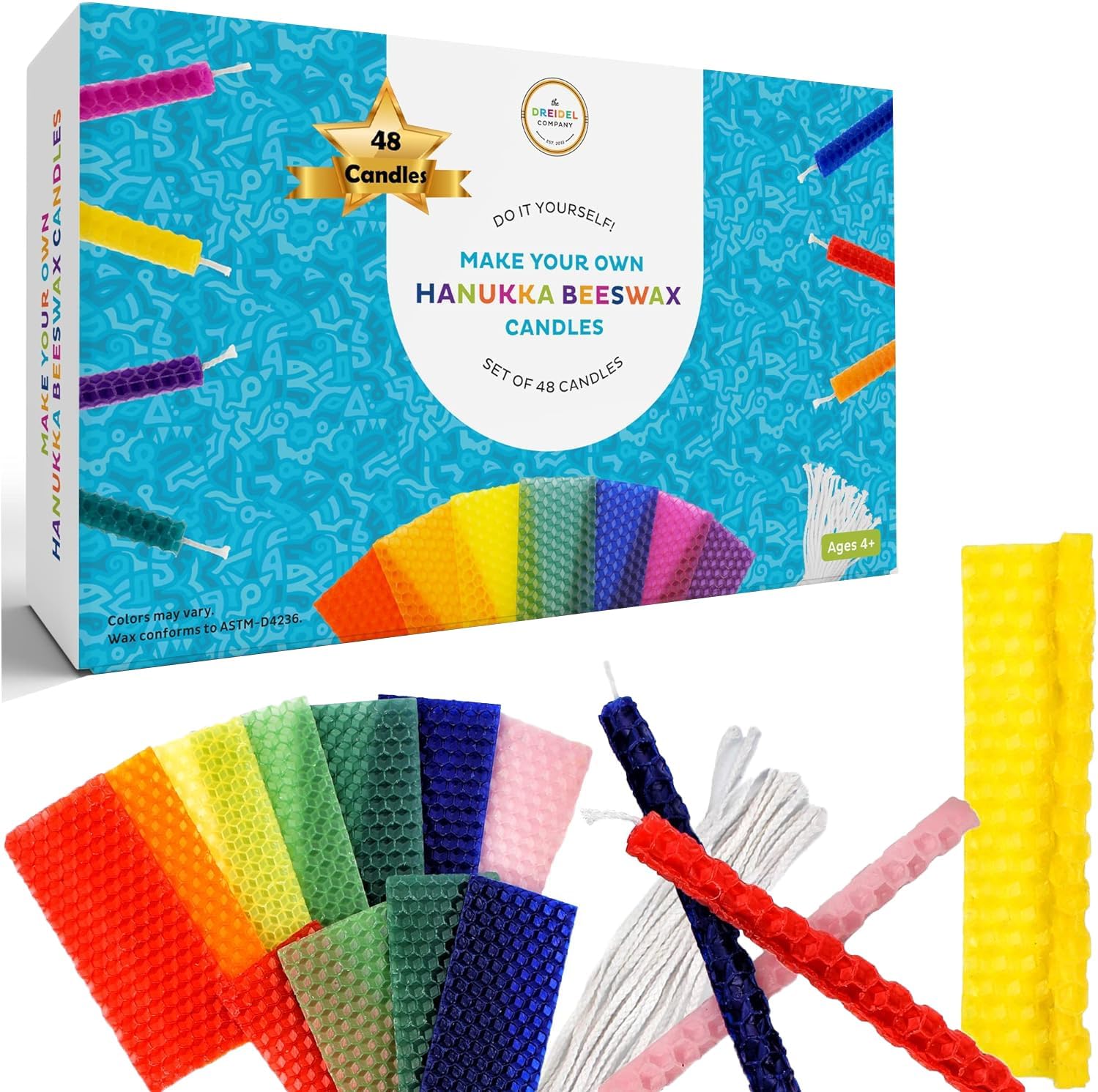 The Dreidel Company 48-Pack Make Your Own Hanukkah Beeswax Candles, Complete DIY Do It Yourself Chanuka Candles Starter Kit