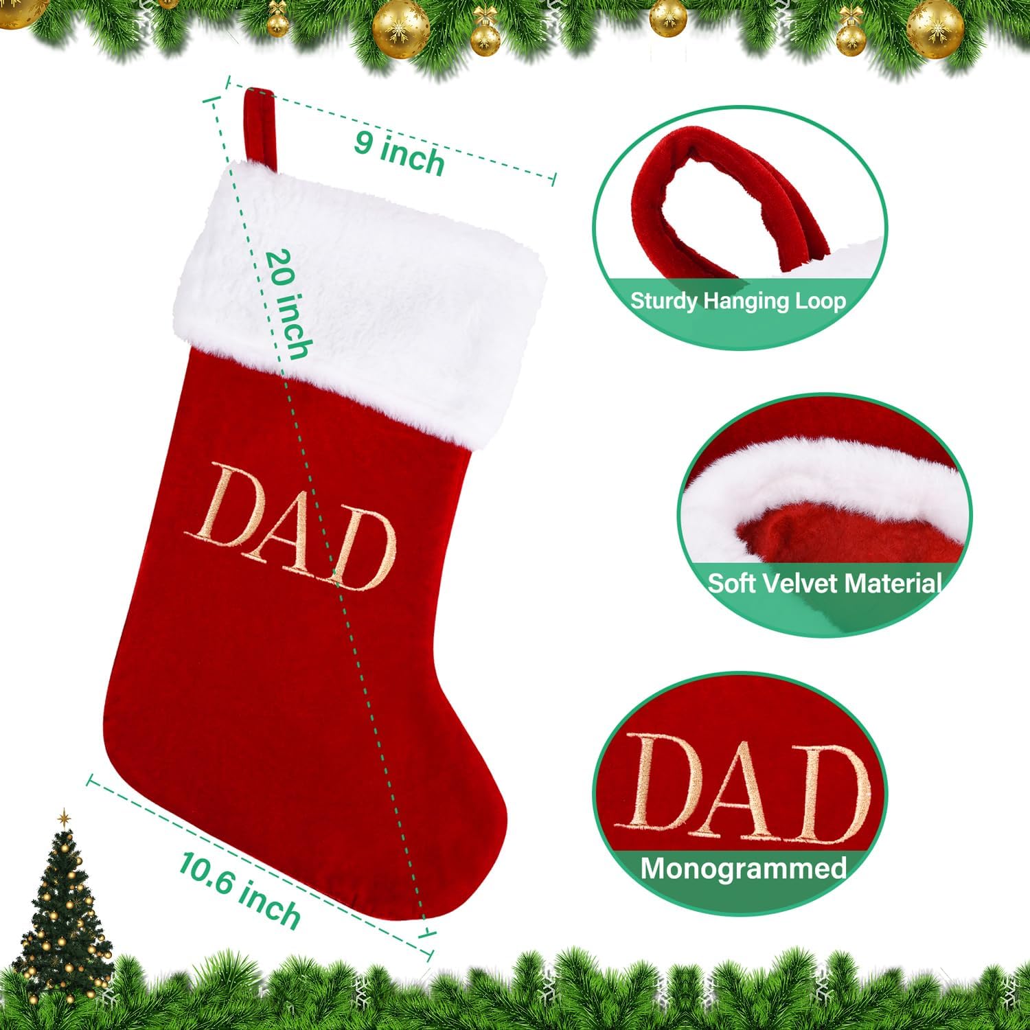 Sailup 20 Inches Monogram Christmas Stockings with DAD Letters, Large Super Soft Christmas Stockings Red Velvet with White Super Soft Plush Cuff for Christmas Xmas Tree Holiday Fireplace