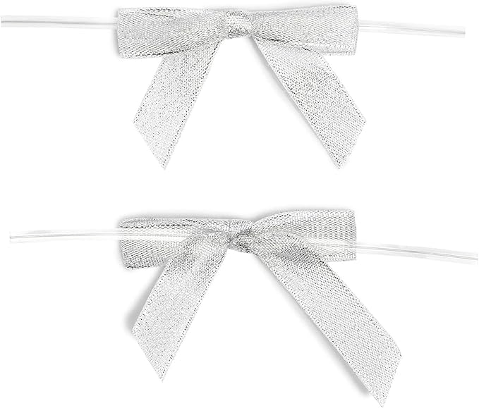 Bright Creations Mini Silver Ribbon Bows - 3-Inch, Silver, 100 Count, Polyester Satin - Twist Tie Bows for Treat Bags, Party Favors & Crafts