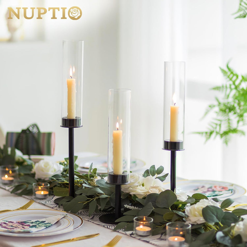 NUPTIO Black Candlestick Holders for Centerpiece: Set of 3 Hurricane Taper Holder with Windproof Glass Cover Long Stem Cylinder Metal Candle Sticks Stands for Halloween Christmas Table Decoration