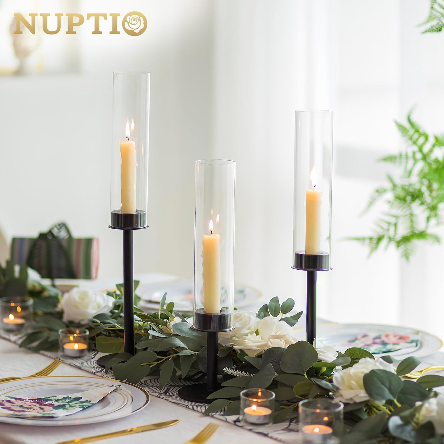 NUPTIO Black Candlestick Holders for Centerpiece: Set of 3 Hurricane Taper Holder with Windproof Glass Cover Long Stem Cylinder Metal Candle Sticks Stands for Halloween Christmas Table Decoration