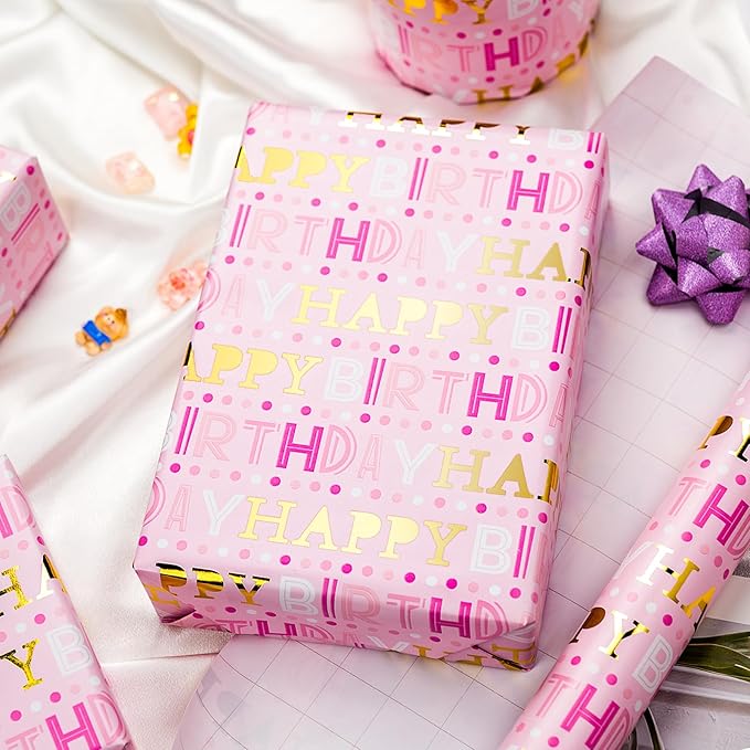Yarcony Girl Birthday Wrapping Paper Roll, Pink and Gold Wrapping Paper, Gold Foil Girly Happy Birthday Lettering Design Pink Gift Wrap for Girls Women, Baby Shower, Christmas(17 Inch X 33 Feet)