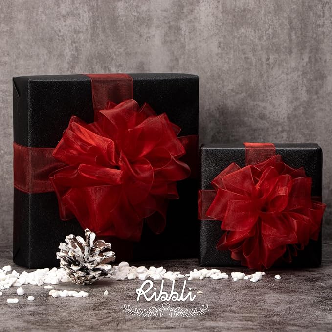 Ribbli Red Sheer Organza Ribbon,1-1/2 Inch x Continuous 50 Yard Use for Gift Wrapping,Bouquet Wrapping,Wedding Decoration,All Crafting and Sewing
